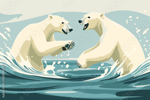 ”
Description: A cute, flat-style illustration of two polar bears splashing and playing in the water, with joyful expressions. The image is lighthearted and captures the playful nature of these Arctic
