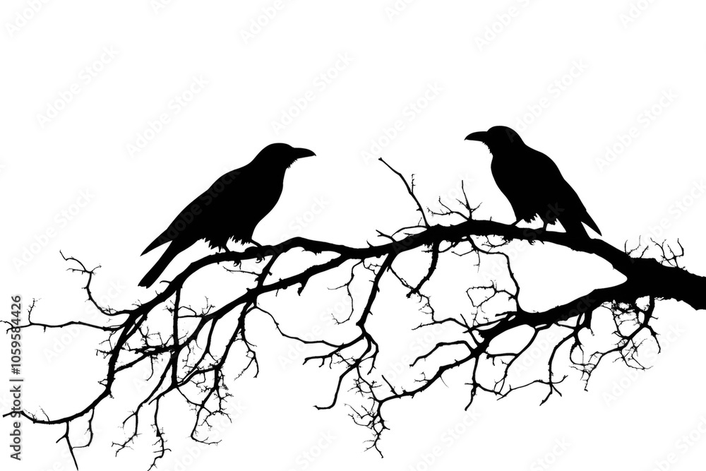 Obraz premium Two crows perching on bare tree branch silhouette