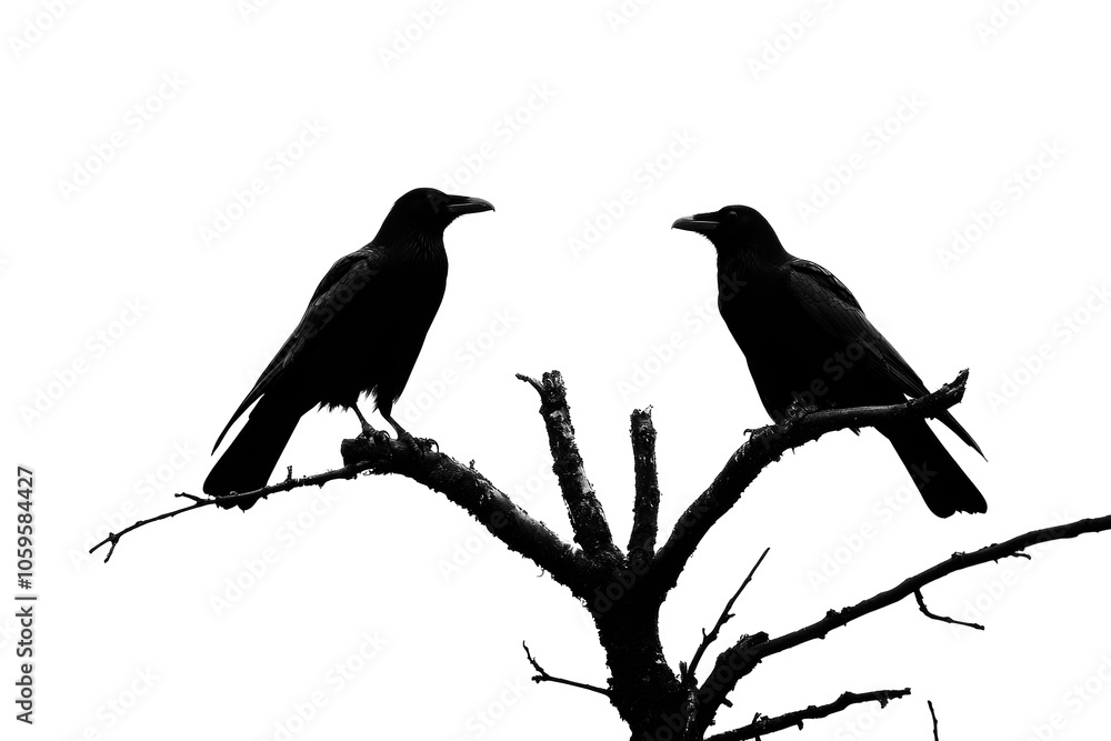 Obraz premium Two crows perching on bare tree branch silhouette