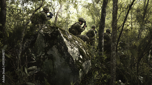 Tactical Forest Maneuvers: Soldiers Utilizing Natural Terrain for Strategic Defense and Ambush photo