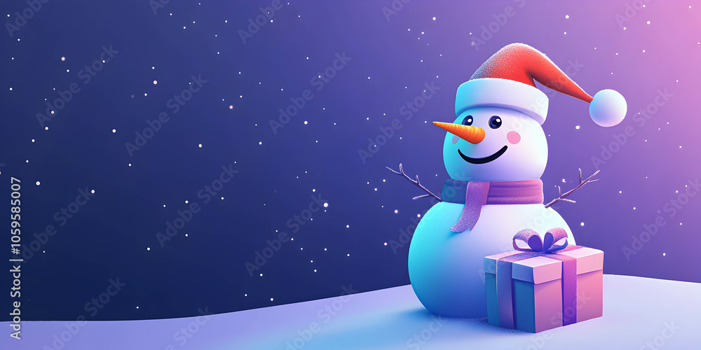 Fototapeta premium Banner Snowman with gift box, winter illustration, joyful Christmas decor, festive snow doll, space for text. Merry winter scene concept. .