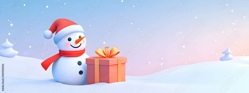 Fototapeta premium Banner Snowman with gift box, winter illustration, joyful Christmas decor, festive snow doll, space for text. Merry winter scene concept. .