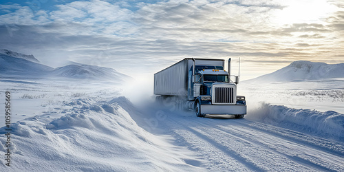 A large semi-trailer truck makes its way through deep snow during a winter blizzard. A truck carrying goods during a winter snowstorm. The concept of transportation of goods. . photo