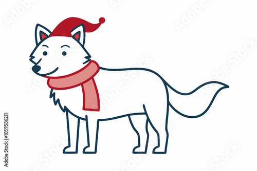  Vector Outline of A cute Wolf wearing a Santa clause hat and scarf on white background.