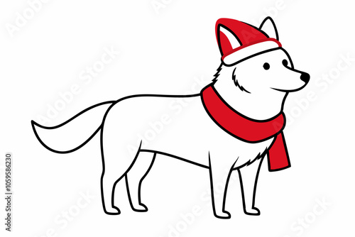  Vector Outline of A cute Wolf wearing a Santa clause hat and scarf on white background.