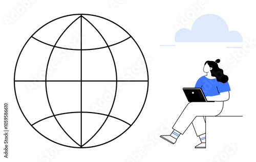 Woman seated on bench using laptop beside large globe symbol with cloud above. Ideal for globalization, technology, remote work, cloud computing, digital communication, internet access, online study