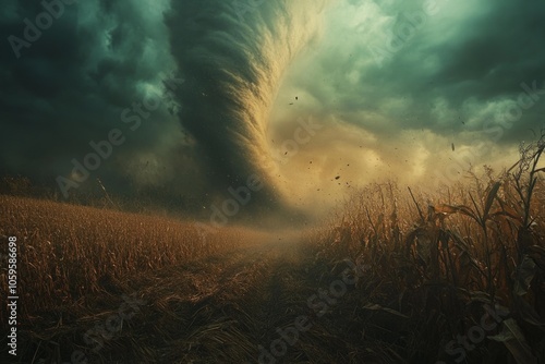 Huge tornado destroying crops in cultivated field photo