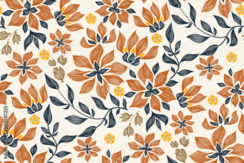 Bohemian Pattern Floral design style seamless hand drawn vintage flowers motif wallpaper orange blue colourful background border vector illustration. 