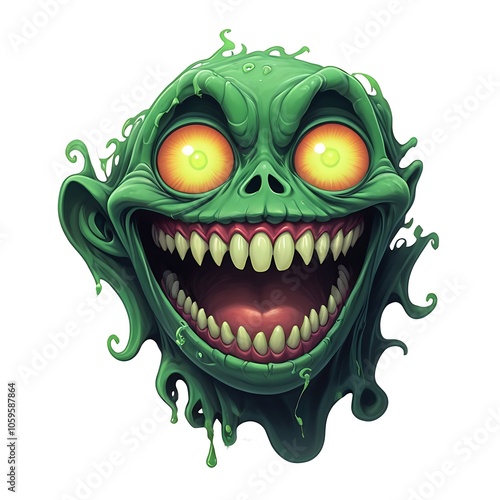 A cartoon monster head with a wide grin and dripping green slime. photo