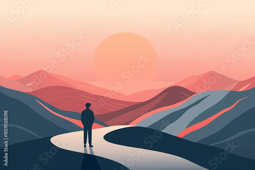 A silhouetted figure stands on a winding path, gazing at a vibrant sunset over rolling hills, creating a serene and contemplative mood.