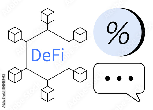 Hexagonal blockchain node structure with DeFi label, a blue percentage sign, and a speech bubble with ellipsis. Ideal for finance, technology, cryptocurrency, investment, blockchain, communication