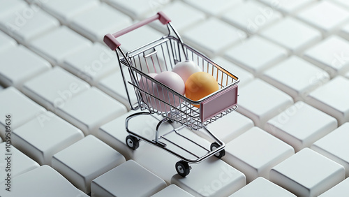 Miniature Shopping Cart on White Platform photo