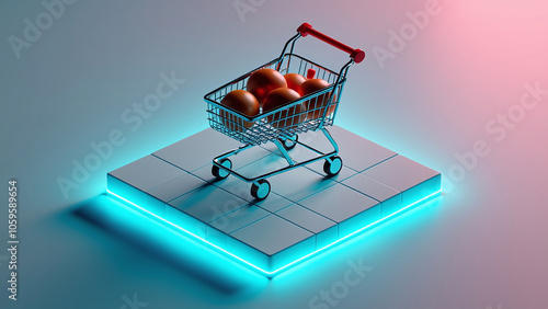 Miniature Shopping Cart on White Platform photo