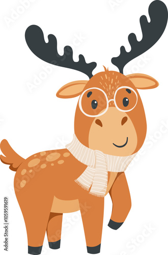 Illustration of a cute moose wearing a light striped scarf and glasses, isolated on a white background. Vector illustration of a funny moose in flat style. photo