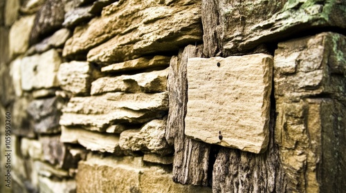 Weathered stone wall with blank wooden sign in rustic setting photo