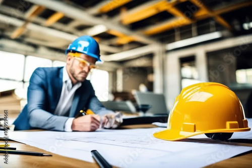 Focused construction engineer in a blue hard hat working on architectural plans at a desk in an industrial setting with a yellow helmet in the foreground, showcasing modern engineering and planning.