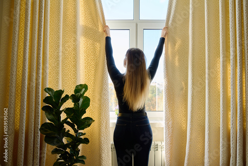 Fotografie Young woman closing opening thick curtains on window