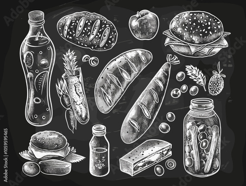 Black and white drawing of various food items such as bread, carrots, and tomatoes. Scene is casual and relaxed, as it is a simple drawing of everyday food items