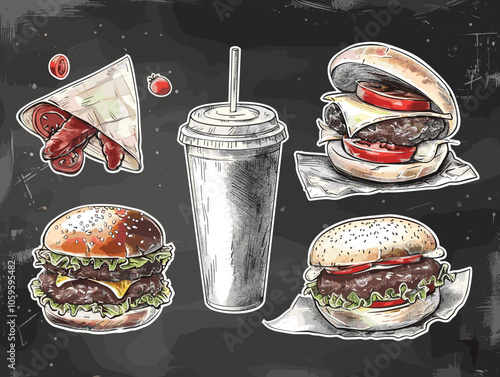 Collection of drawings of various types of food, including hamburgers, hot dogs, and a drink, are arranged on a blackboard. The drawings are in different styles and sizes