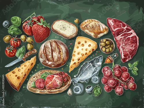 Green chalkboard with a variety of food items such as bread, cheese, and fruit. Scene is casual and inviting, as it seems like a meal is being prepared or served