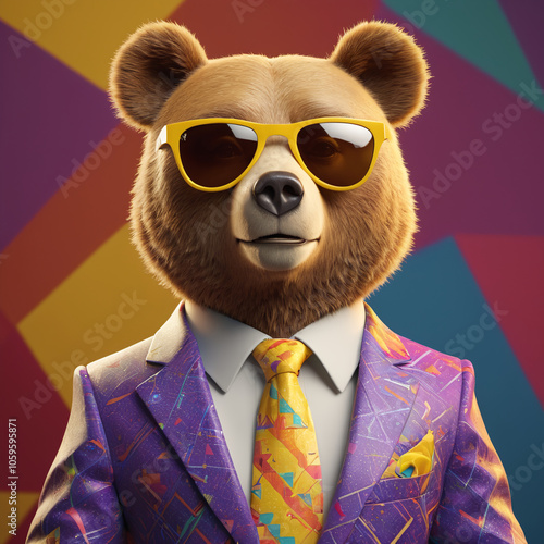 Portrait of hipster bear wearing eyeglasses and fancy suit photo