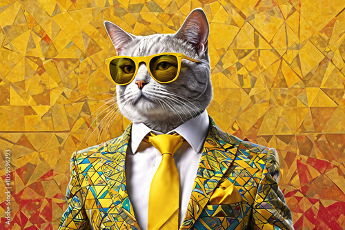 Portrait of hipster cat wearing eyeglasses and fancy suit photo