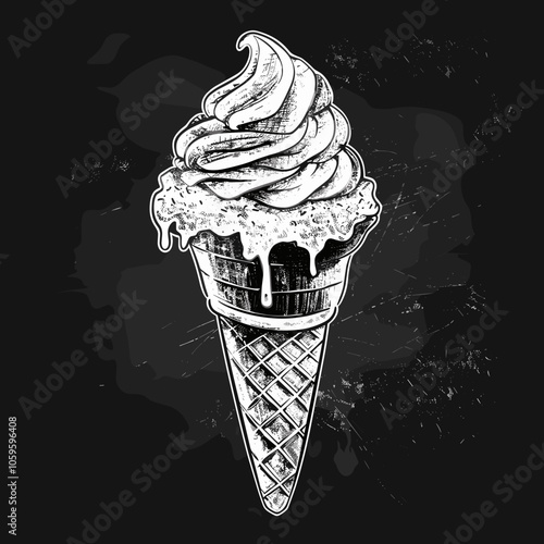 Black and white drawing of an ice cream cone with dripping ice cream. The image has a vintage feel to it, and the focus is on the melting ice cream