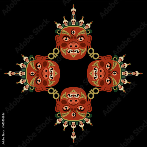 Ethnic square cross shape geometrical frame or mandala with four Tibetan Buddhist masks. Guardian deity Jamsaran or Begtse wearing crown of human skulls. Cham performance character.