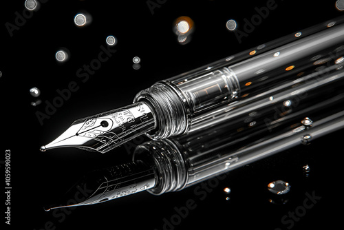 A close-up of a fountain pen with a shiny metal nib, reflecting droplets against a black background, showcasing elegance and craftsmanship.