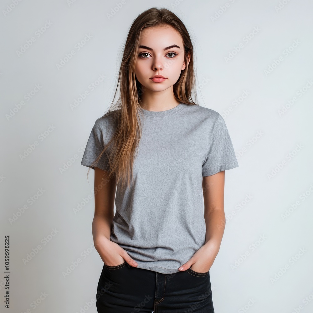 Obraz premium Grey shirt girl on white wall.