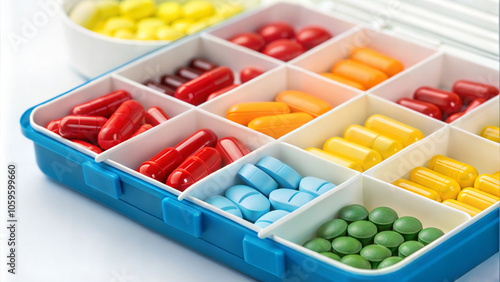 Organized pillbox filled with colorful capsules and tablets for medication management photo