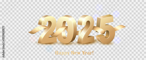 Merry Christmas and Happy New Year 2025. Golden 3D numbers with gold ribbon on transparent background. Festive realistic design. Holiday party 2025 web poster. Vector