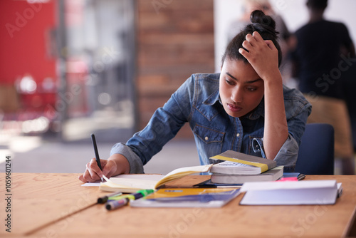Obraz na plátně Frustrated girl, student and books with stress for difficult task, studying or assignment at university