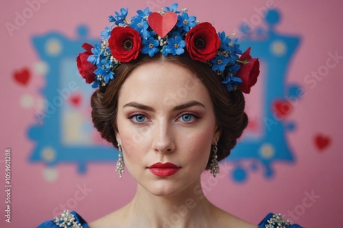 portrait of arrogant queen with red heart on forehead and blue blooming flower in mouth wearing crown on pink background photo