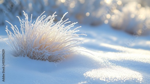 Delicate frost encrusts tufts of grass, sparkling under the gentle winter sunlight, in a serene snowy landscape that evokes calm beauty. photo