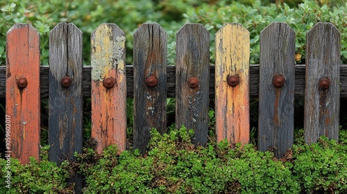 A colorful wooden fence with weathered planks and greenery at the base. photo