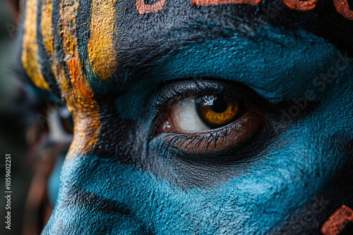 Mayan warrior face paint, focusing on symbolic colors. photo