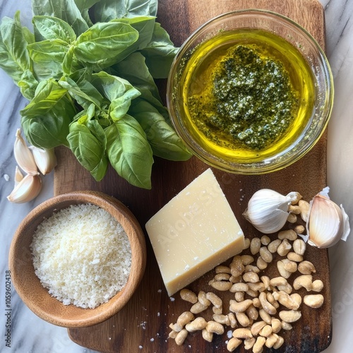 Pesto ingredients: basil, pine nuts, garlic, olive oil, Parmesan photo