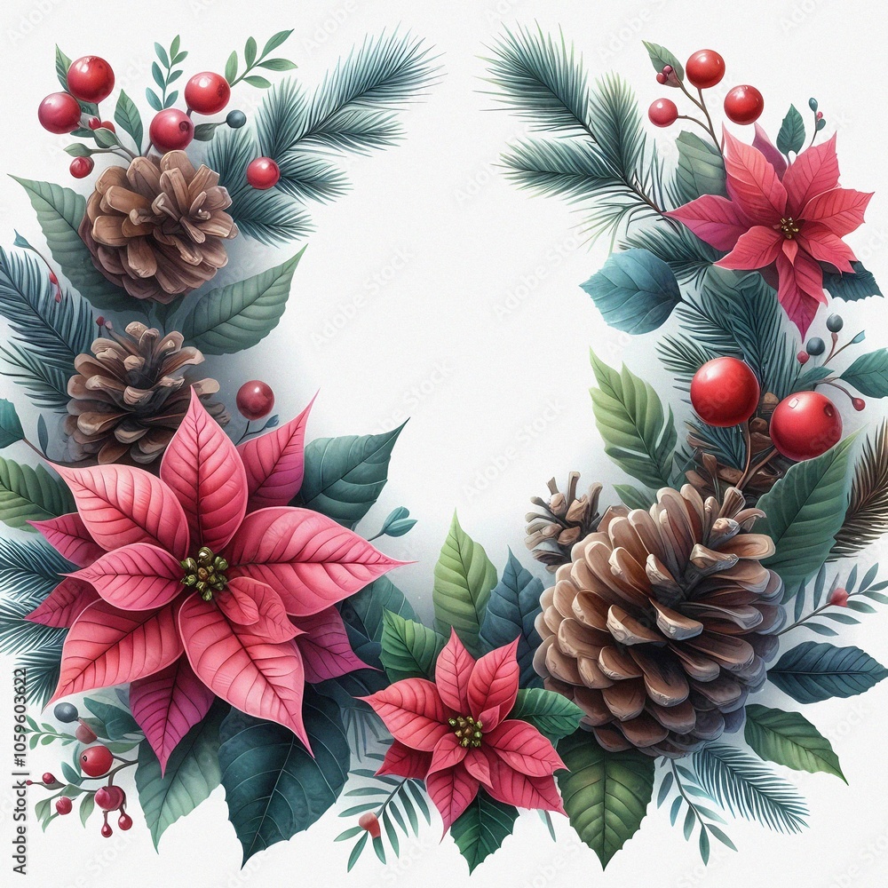 Fototapeta premium Watercolor-style frame of winter flowers and leaves. Pinecones, poinsettia flowers and fir branches on wite background. Seasonal Christmas design template.