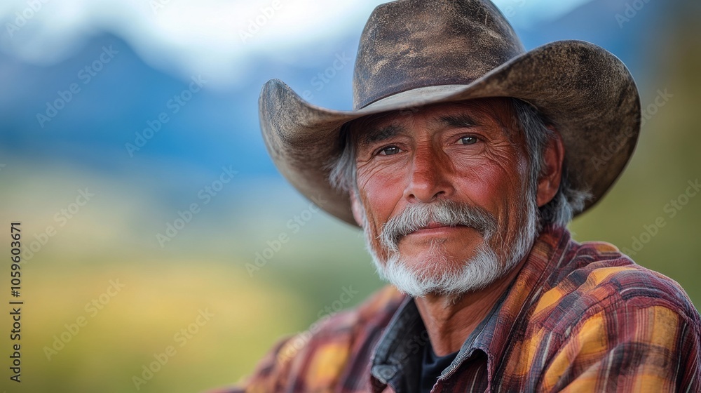 Fototapeta premium Portrait of senior cowboy wearing hat in montana ranch