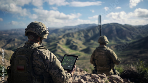 At a border outpost perched in a rocky landscape, soldiers monitor live surveillance on a tablet, while the Starlink antenna transmits vital satellite data from high above. photo