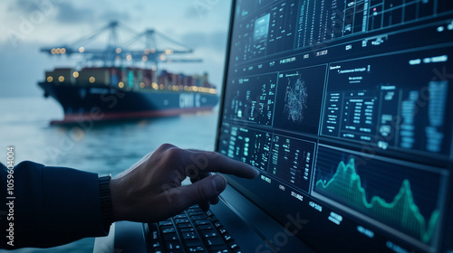 Close-up of a digital screen filled with cargo metrics, with the officerâs hand entering data as container ships load in the background, emphasizing the precision of modern shippin photo