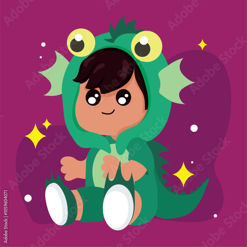 Cute child in green dinosaur costume for Halloween Vector