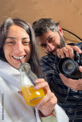 Couple Enjoying Breakfast with Juice photo