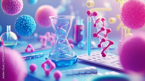 Science elements, like atoms, DNA, and bacteria, on a background of scientific research. Cartoon-style 3D rendered illustration.