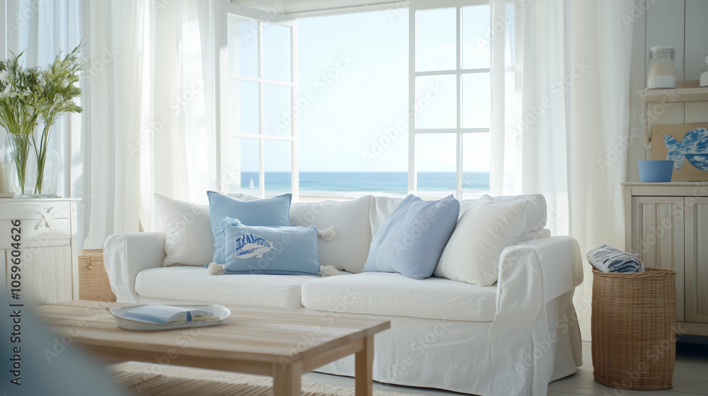 Fototapeta premium Coastal interior design of modern living room with white sofa and ocean view 