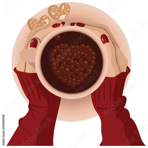 Beige cup of coffee in female hands. Top view. Vector illustration.