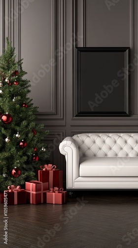 The warm ambiance of a living room during the holiday season showcases a glimmering Christmas tree adorned with ornaments and neatly wrapped gifts beside a blank picture frame