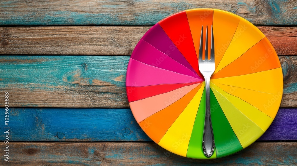 Obraz premium Colorful segmented plate with fork on rustic wood background, illustrating concepts of color psychology in appetite and mindful eating habits.
