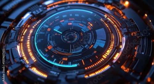 Wallpaper Mural  A circular time machine with blue and orange lights on the front, displaying black data charts in an abstract futuristic style Torontodigital.ca